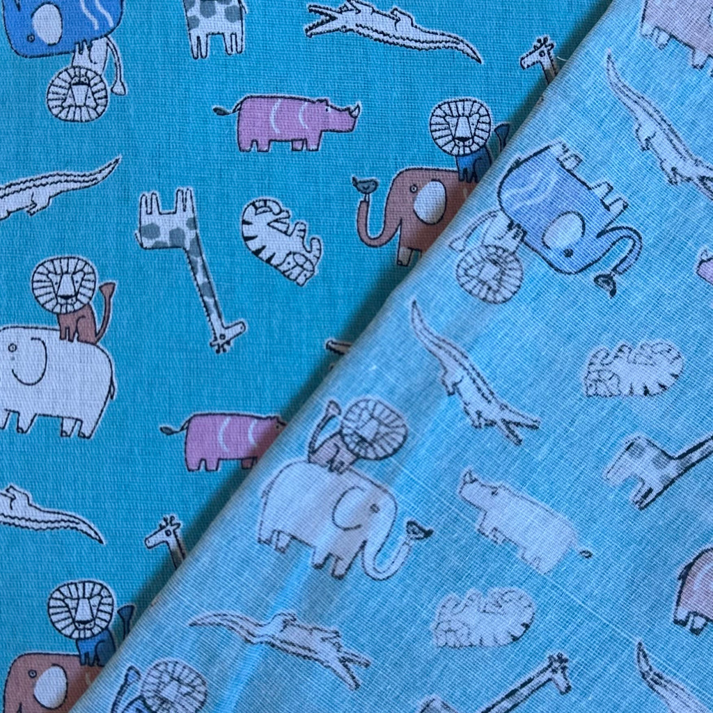 Popeline imprimée numérique pour enfants, motif zoo bleu