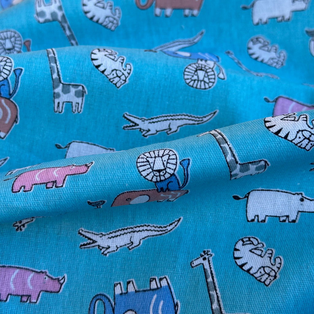 Popeline imprimée numérique pour enfants, motif zoo bleu