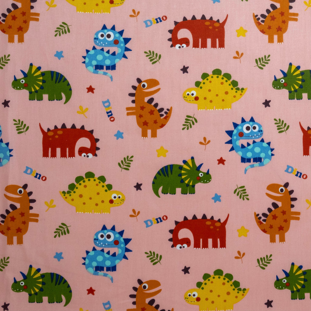 Popeline rose imprimée de dinosaures rigolos pour enfants