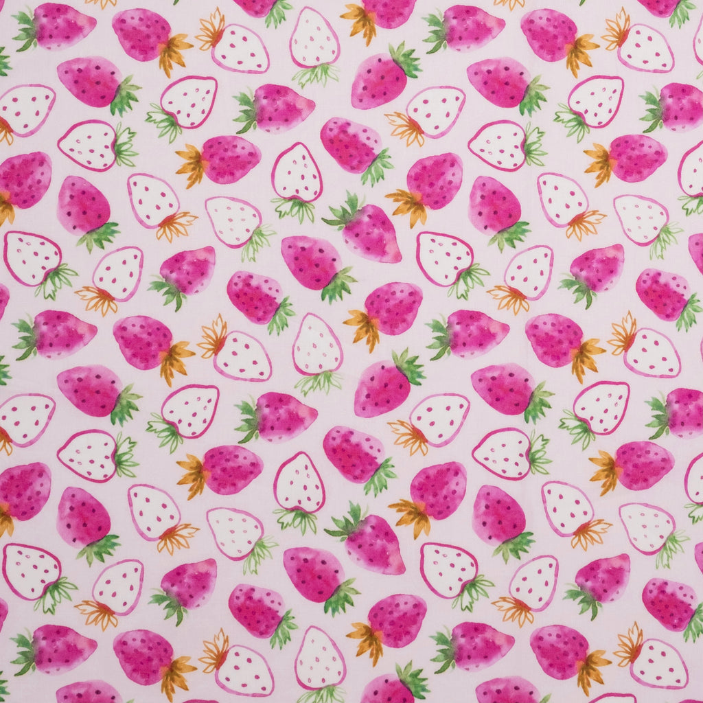 TISSU POPLIN IMPRIMÉ POUR ENFANTS - JARDIN DE FRAISES ROSE